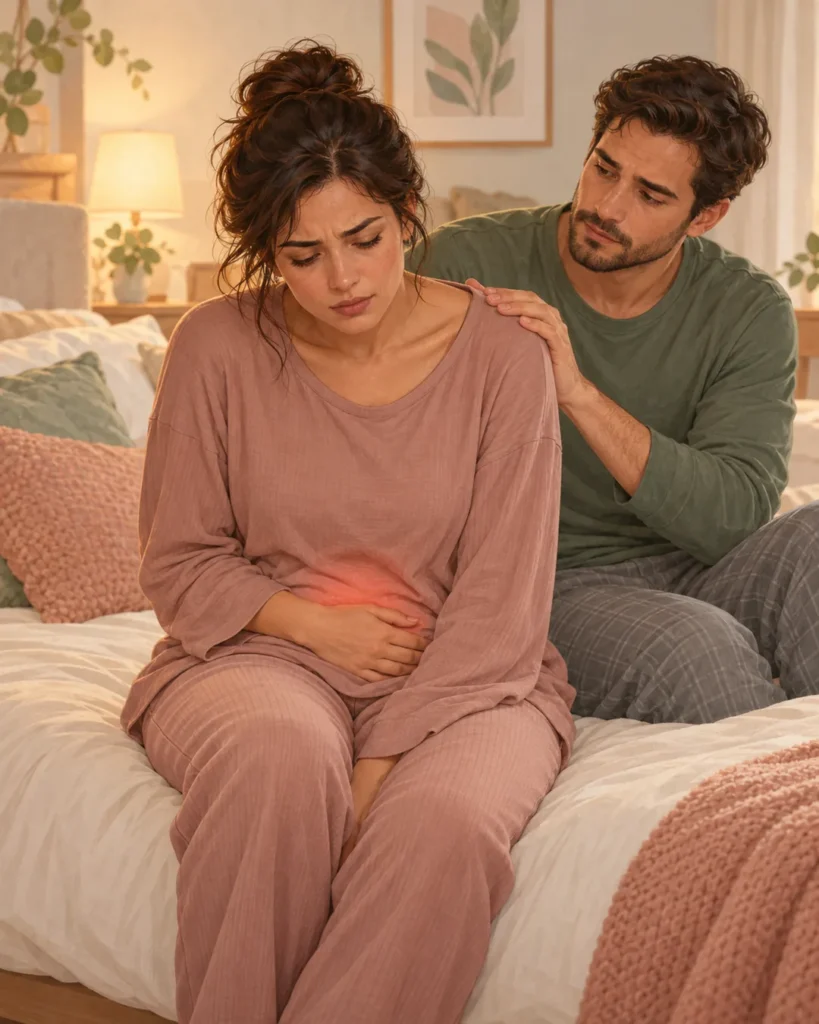 Ilustração de casal sentado na cama, a mulher com expressão de dor e a mão no ventre, o parceiro consolando