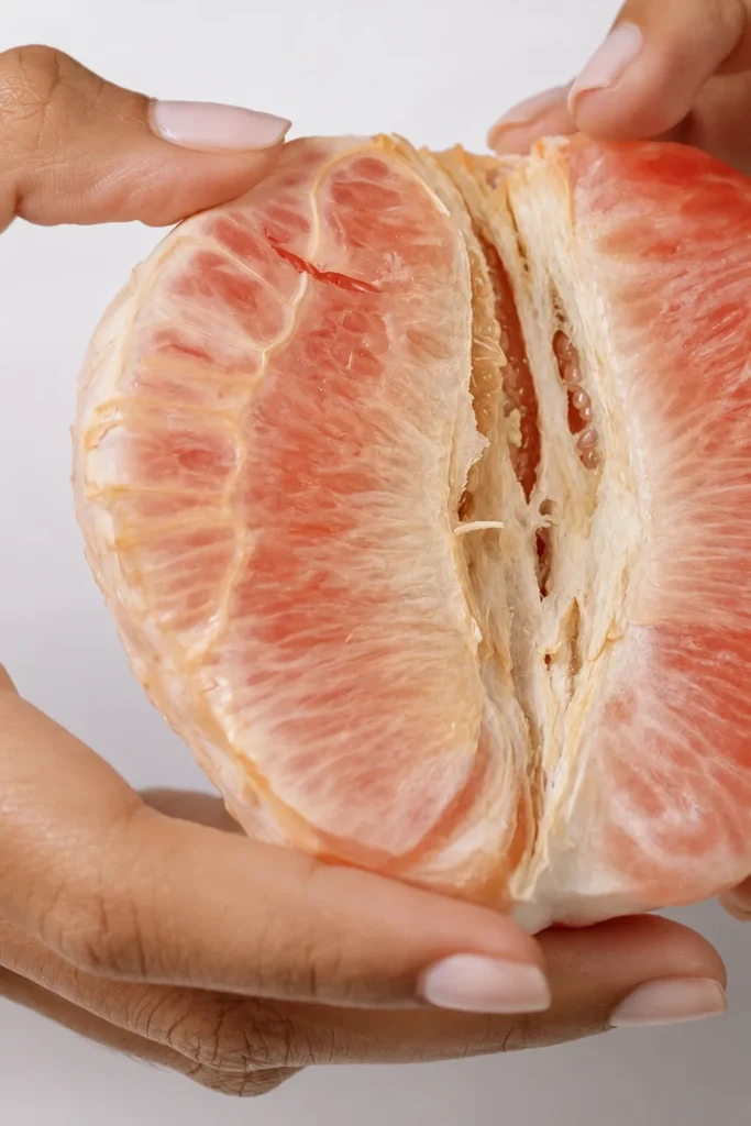 Mãos segurando uma toranja aberta
