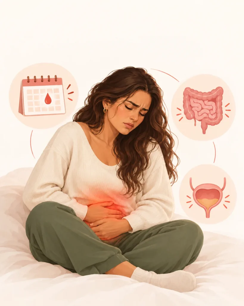 Ilustração de mulher sentada na cama com as mãos na barriga, com cólica, cercada por ícones de calendário menstrual, intestino e bexiga