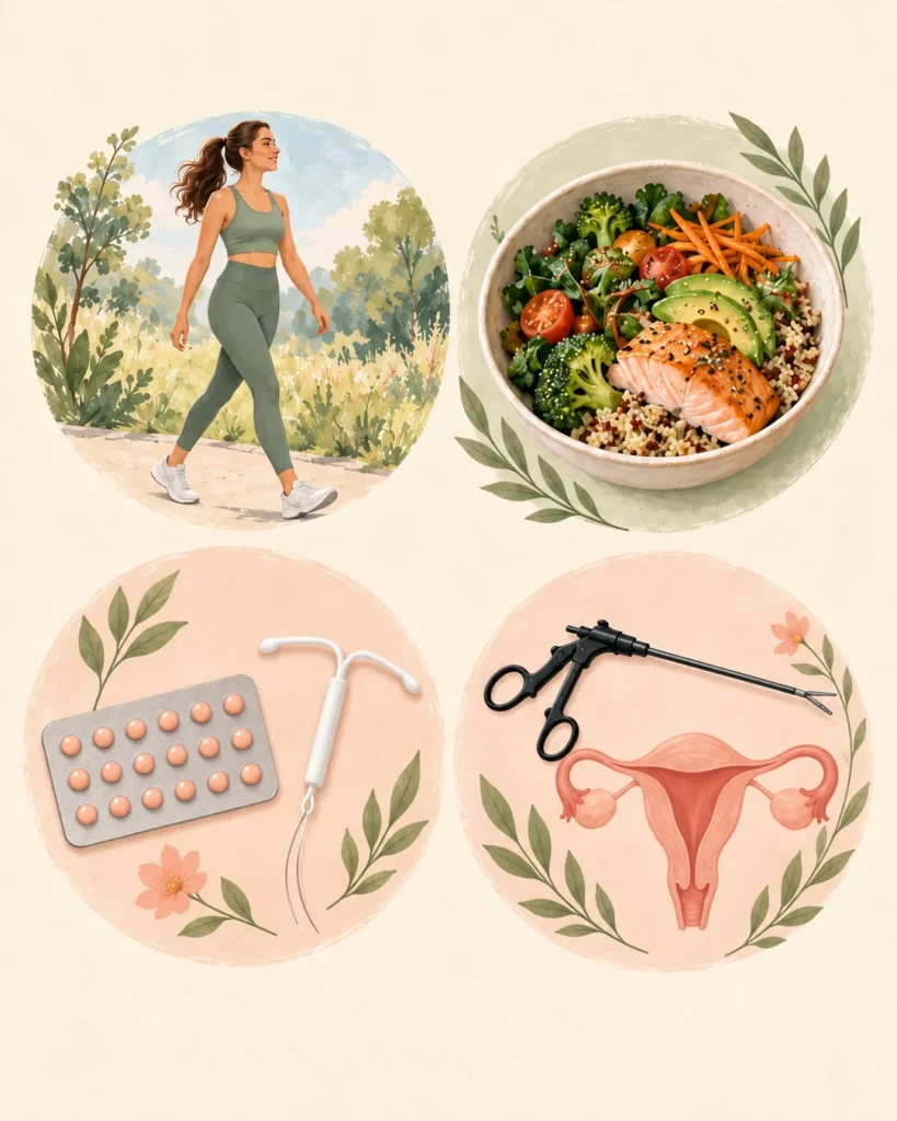 Ilustração com quatro opções de tratamento da endometriose: atividade física, alimentação saudável, anticoncepcionais e DIU, e cirurgia