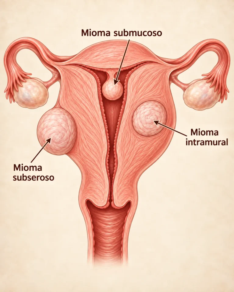 Ilustração do útero indicando mioma submucoso, intramural e subseroso