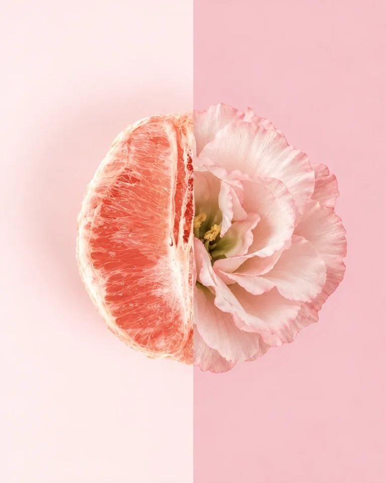 Metade de uma toranja unida a uma flor rosa, sobre fundo rosa
