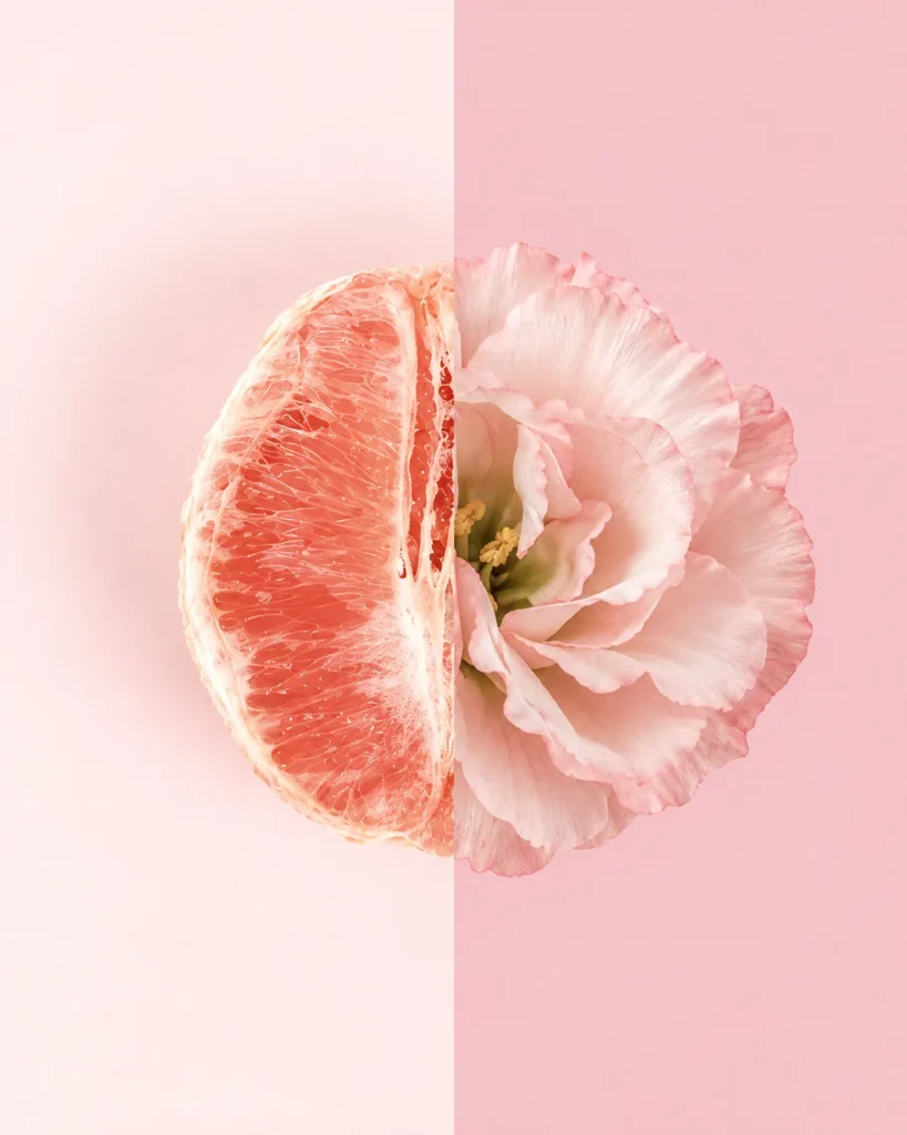 Metade de uma toranja unida a uma flor rosa, sobre fundo rosa